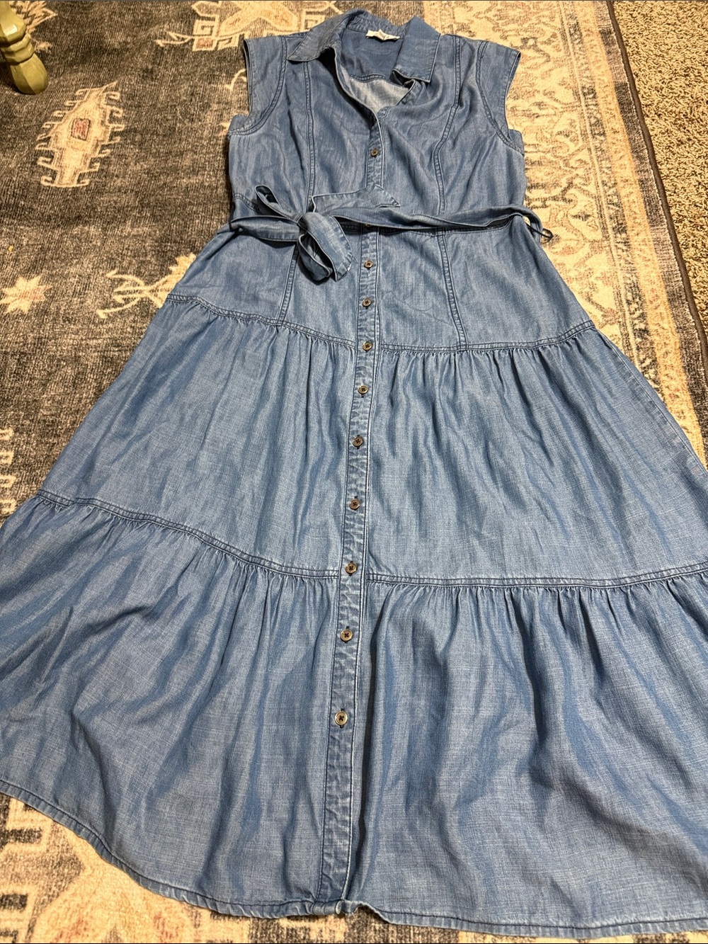 Sleeveless Denim Maxi Dress with Self-Tie Belt - Blue - Picture 2 of 5